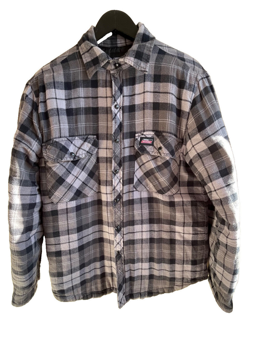 Dickies Quilted Flannel Jacket Mens M Gray Black Plaid Hooded Shirt Shacket